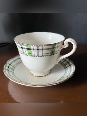 Vintage Radfords White Porcelain Tea Cup & Saucer with Green Plaid Banding